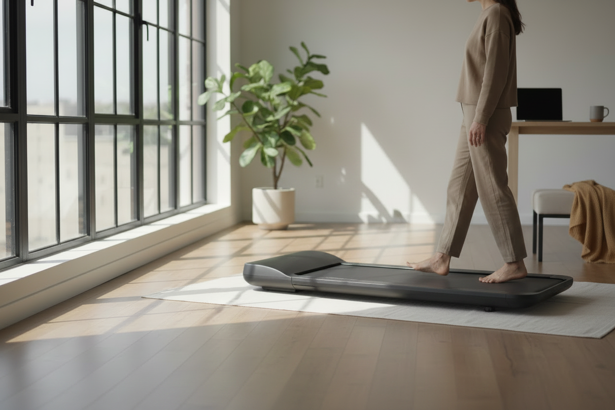 A woman in beige pajamas walks on a dark gray treadmill placed on a white mat in a bright, modern room with large windows, a potted plant, and a desk in the background.